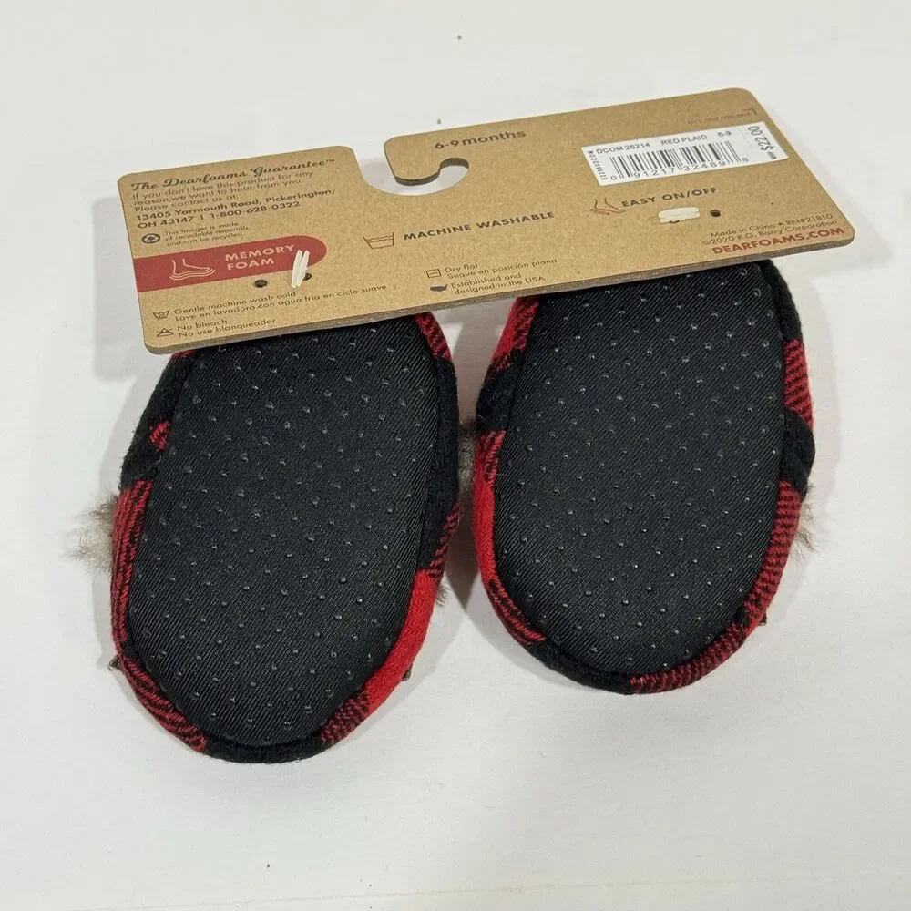 Dearfoams Unisex Kids' Slippers Baby Size 6/9 Months, Red Black Plaid NEW
